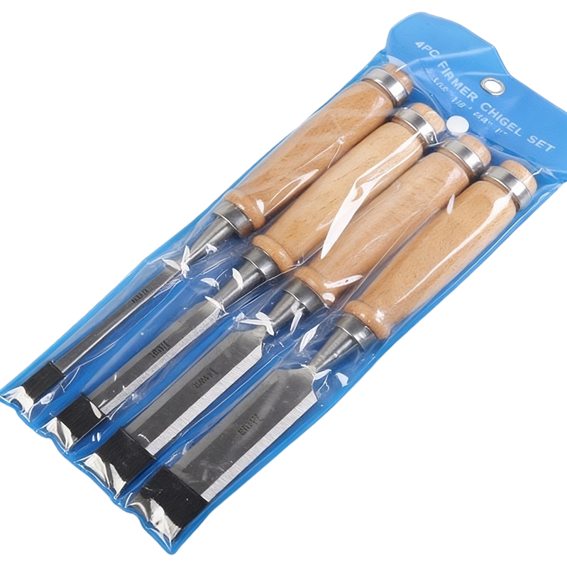 Blue packaging wooden chisel four-piece set with wooden handle and metal chisel body Item Picture