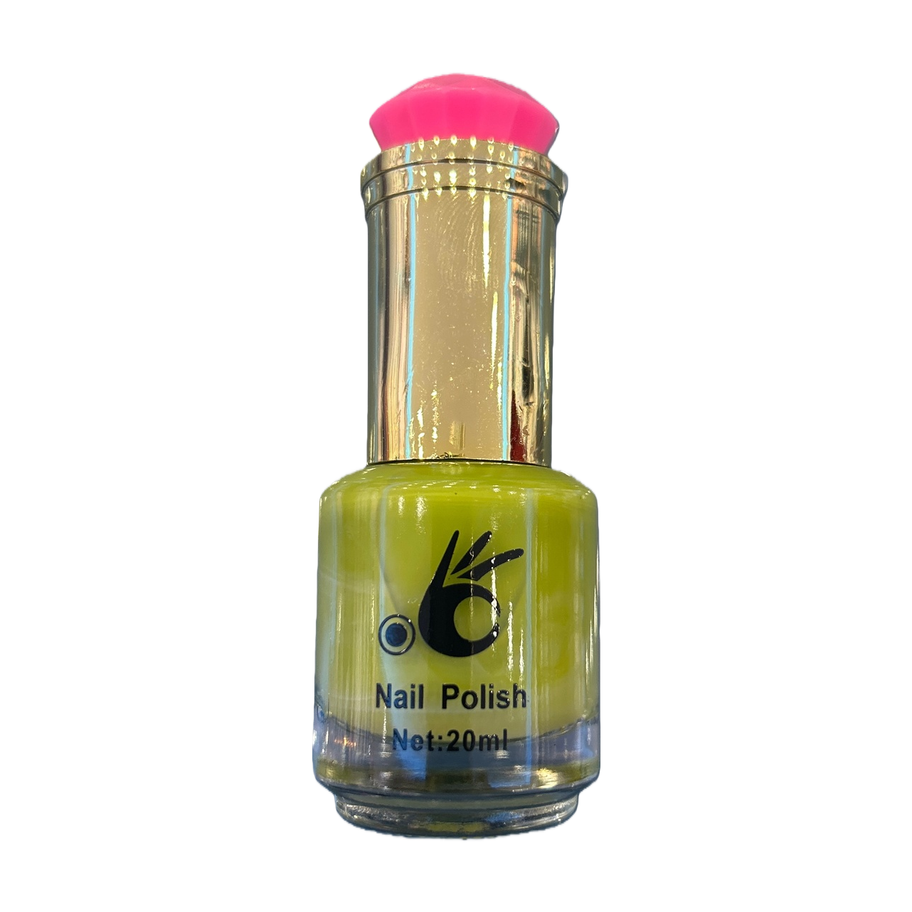 Green nail polish bottle, transparent body, golden cap with pink gemstone top cap, 20ml Item Picture