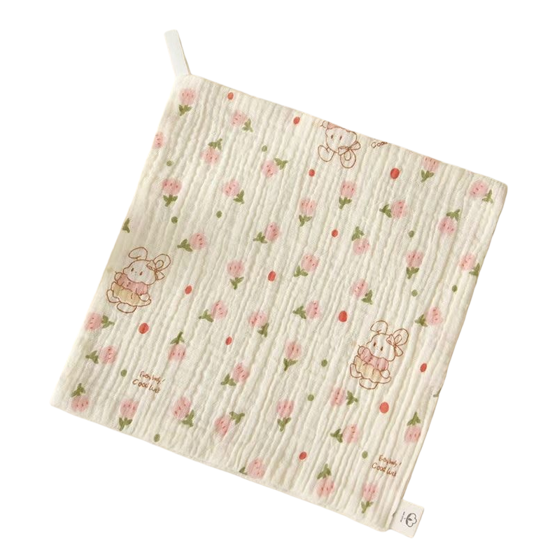 The off-white floral rabbit pattern square towel is made of pure cotton, absorbing sweat and is lightweight and portable Item Picture