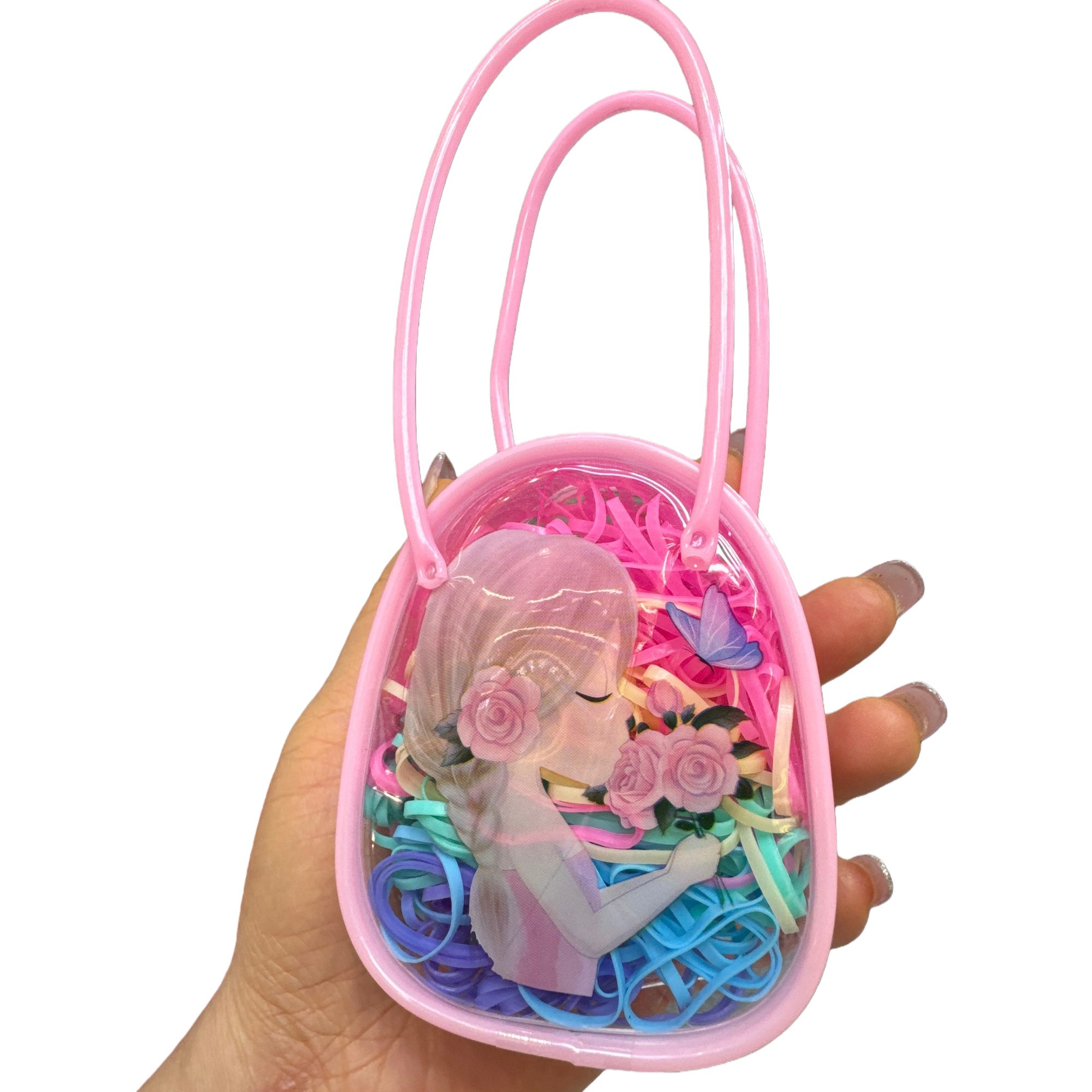 A pink transparent handbag paired with a colorful hair band set of fashionable storage accessories Item Picture