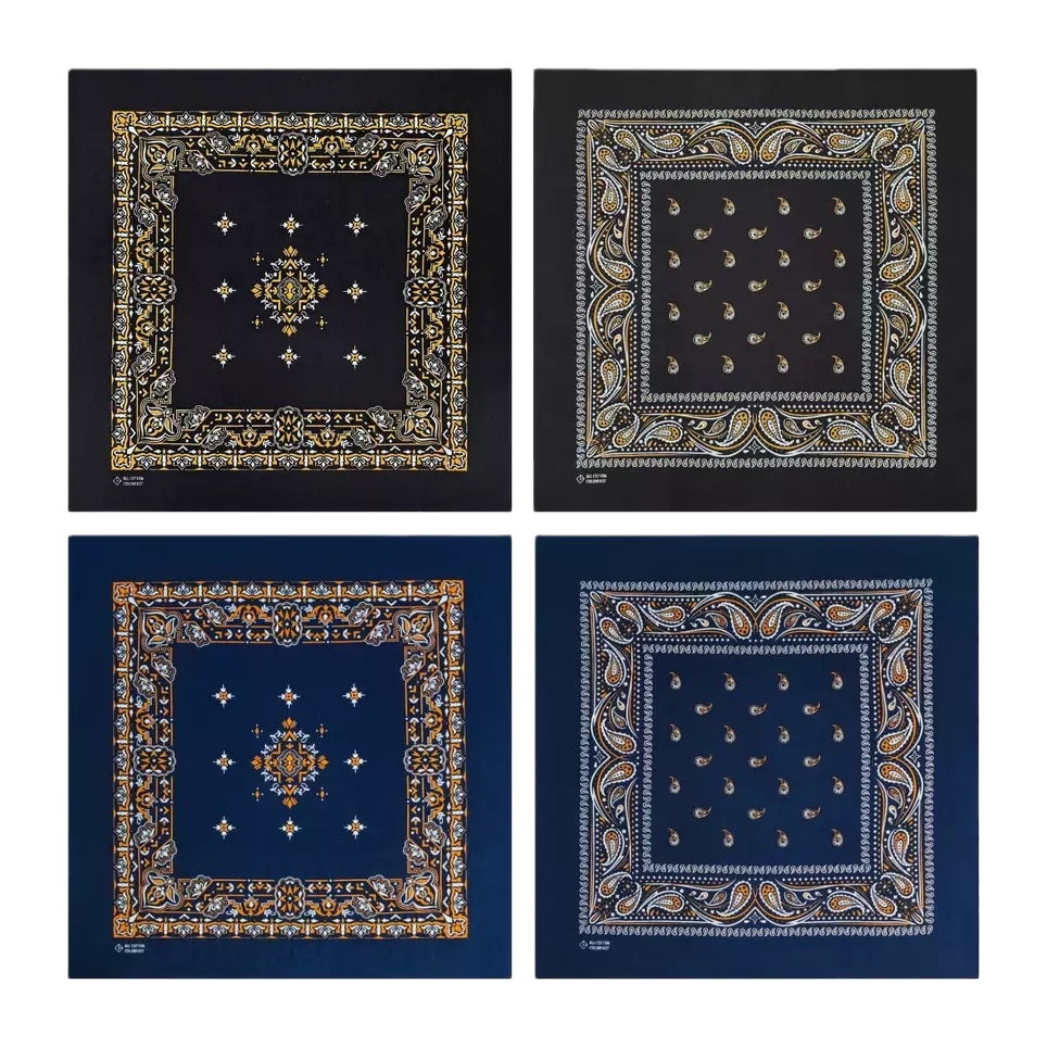 A black, dark blue background with golden, white and orange patterns square scarf Item Picture