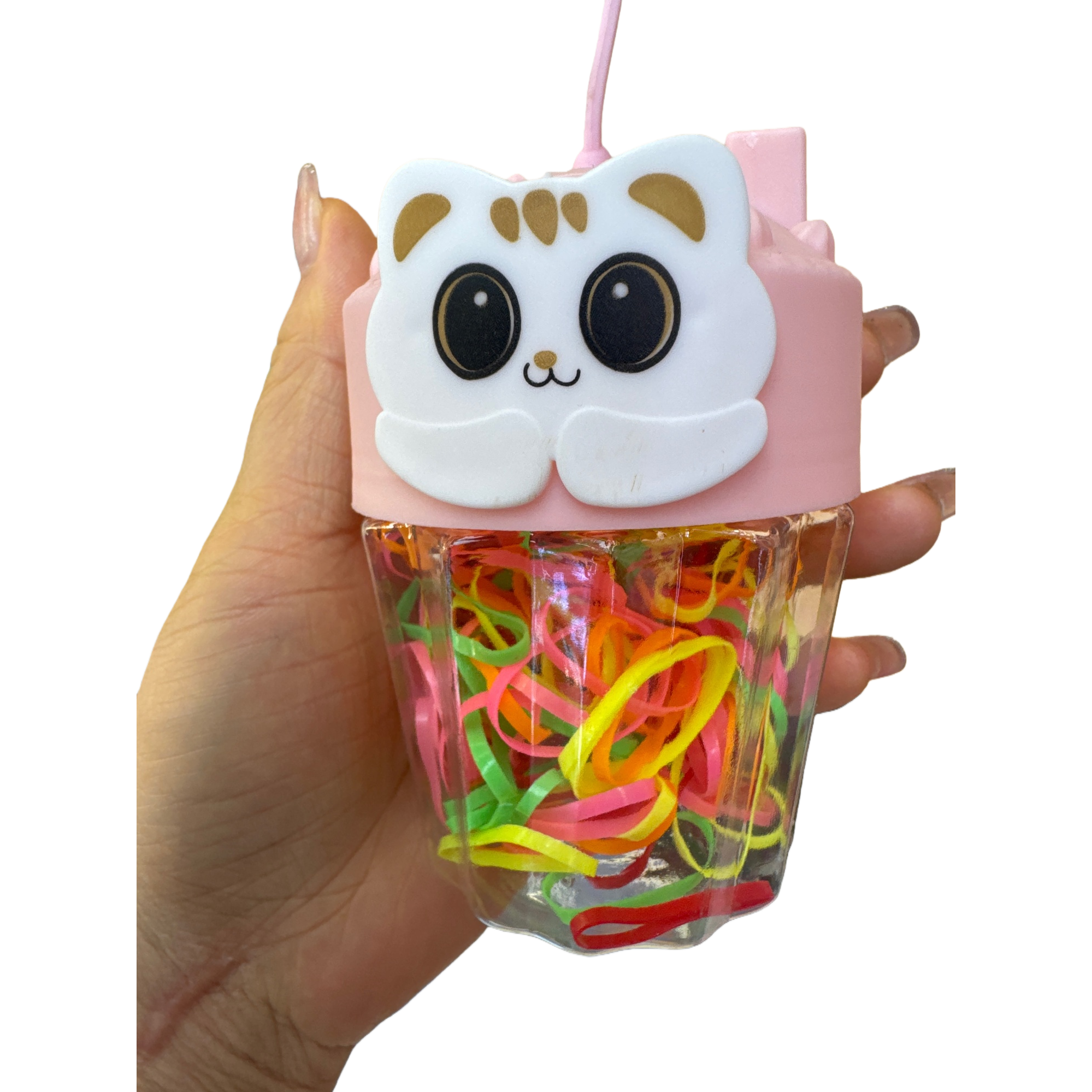 Pink cat head-shaped colored rubber band storage bottle Item Picture