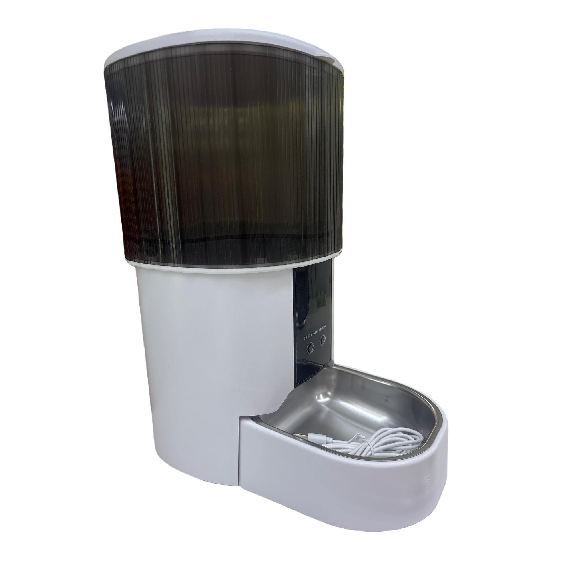 The white smart feeder, an automatic pet timed and quantified feeding machine, can be controlled by a mobile phone APP Item Picture