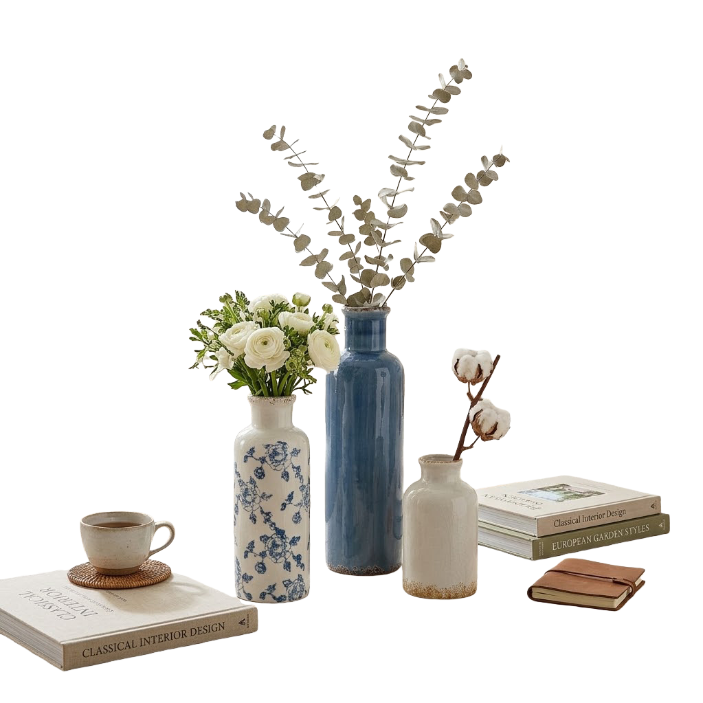 Blue and white vases, small porcelain jars, dried flowers, branches, books, coffee cups, home decoration sets Item Picture