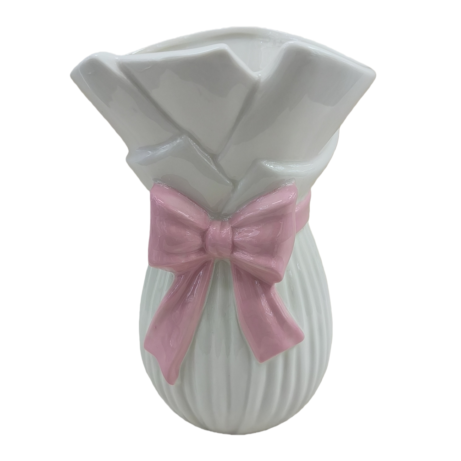 A white ceramic vase decorated with a pink bow Item Picture