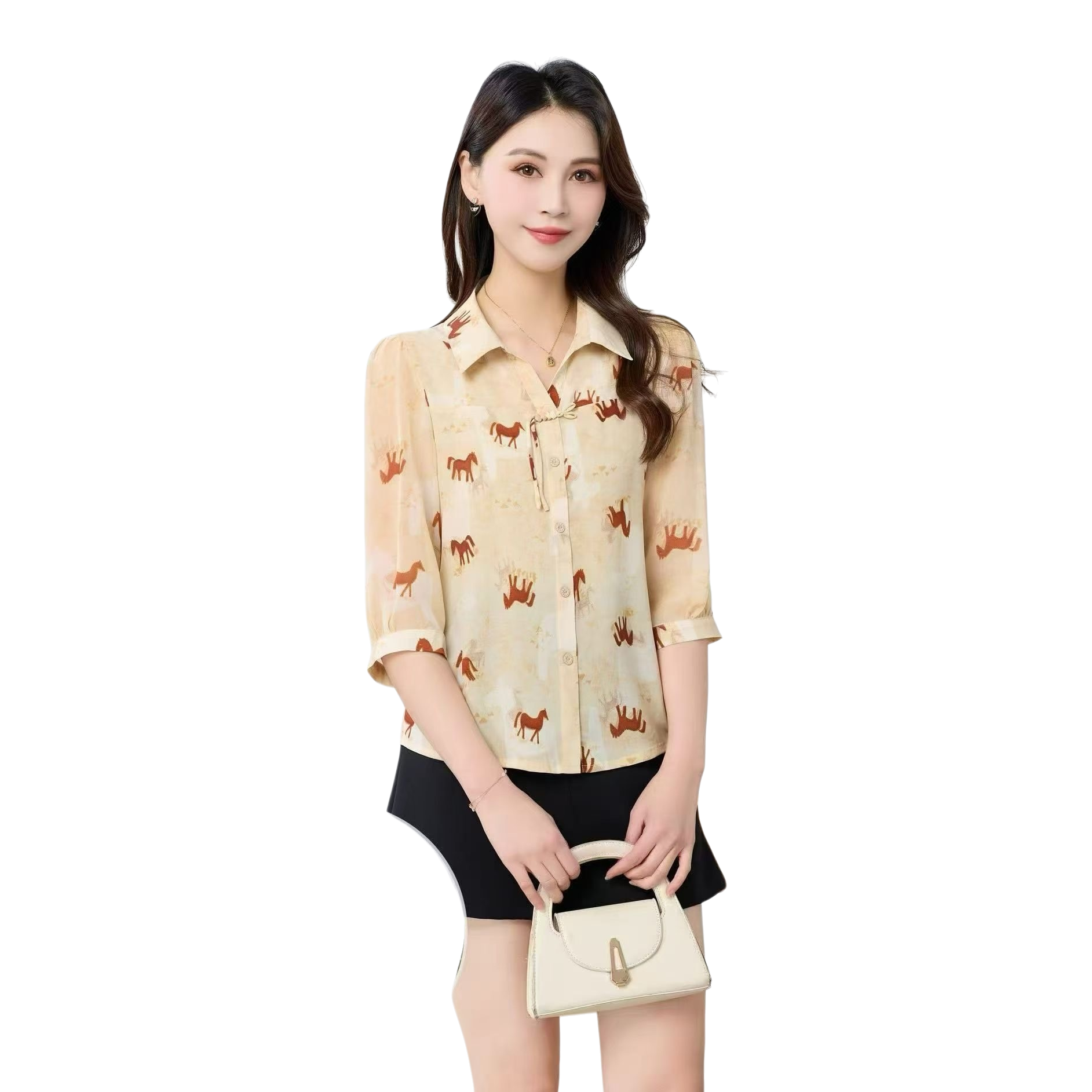 Beige horse pattern women's shirt, a casual top for women Item Picture