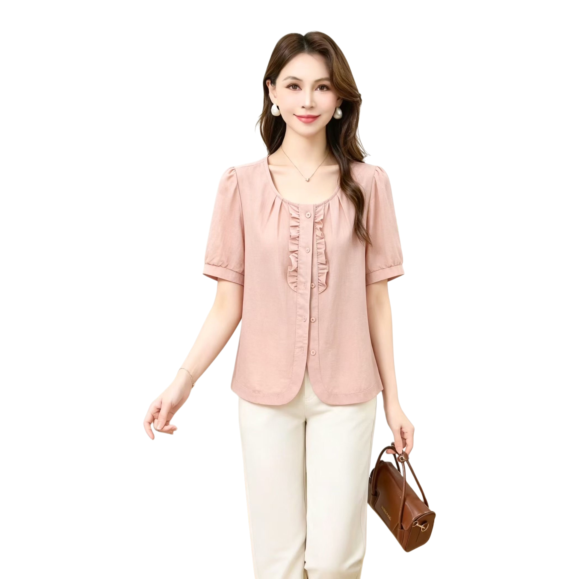 Pink ruffled short-sleeved top for women's summer fashion, slimming and versatile outfits Item Picture