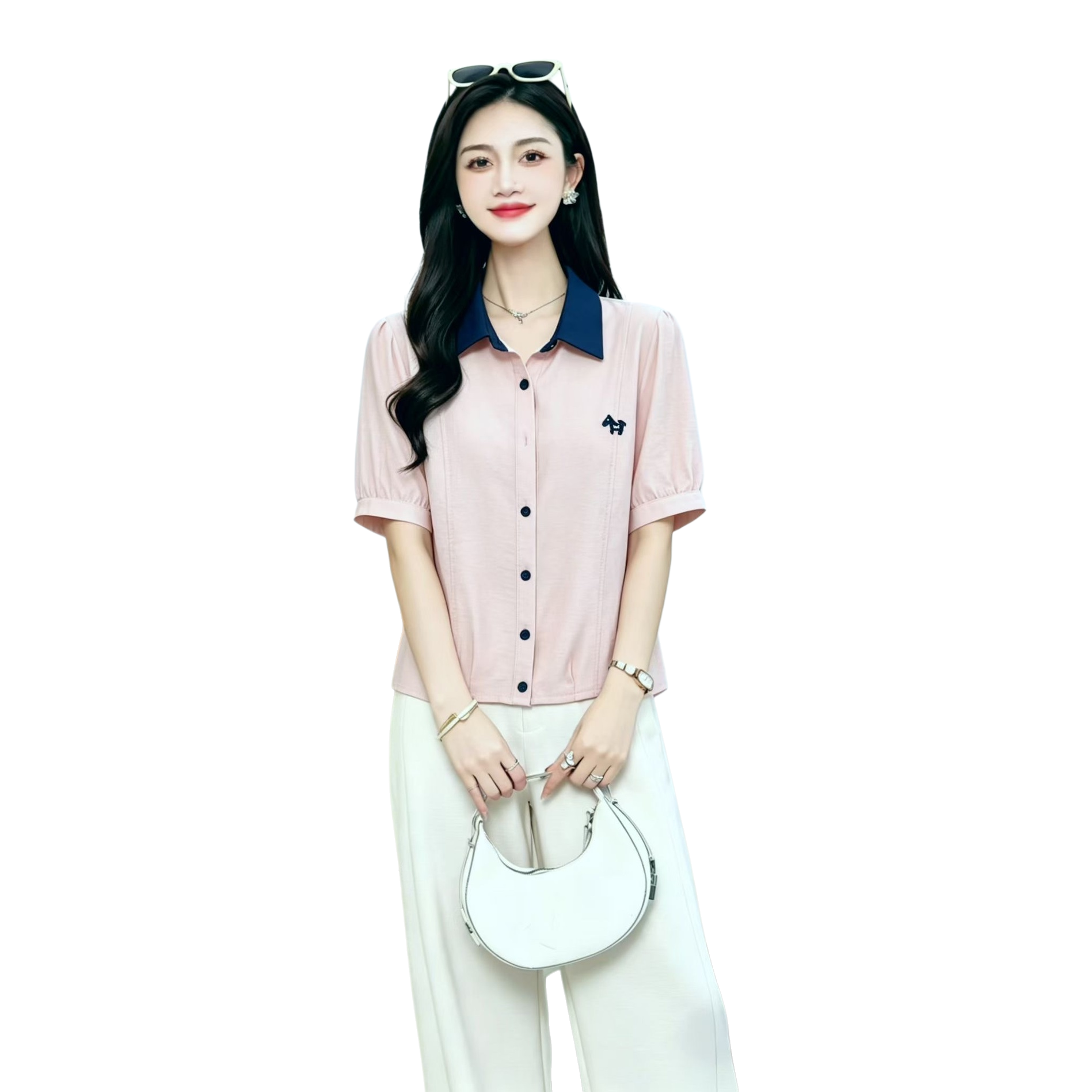 Pink and blue collar short-sleeved shirt women's casual top Item Picture