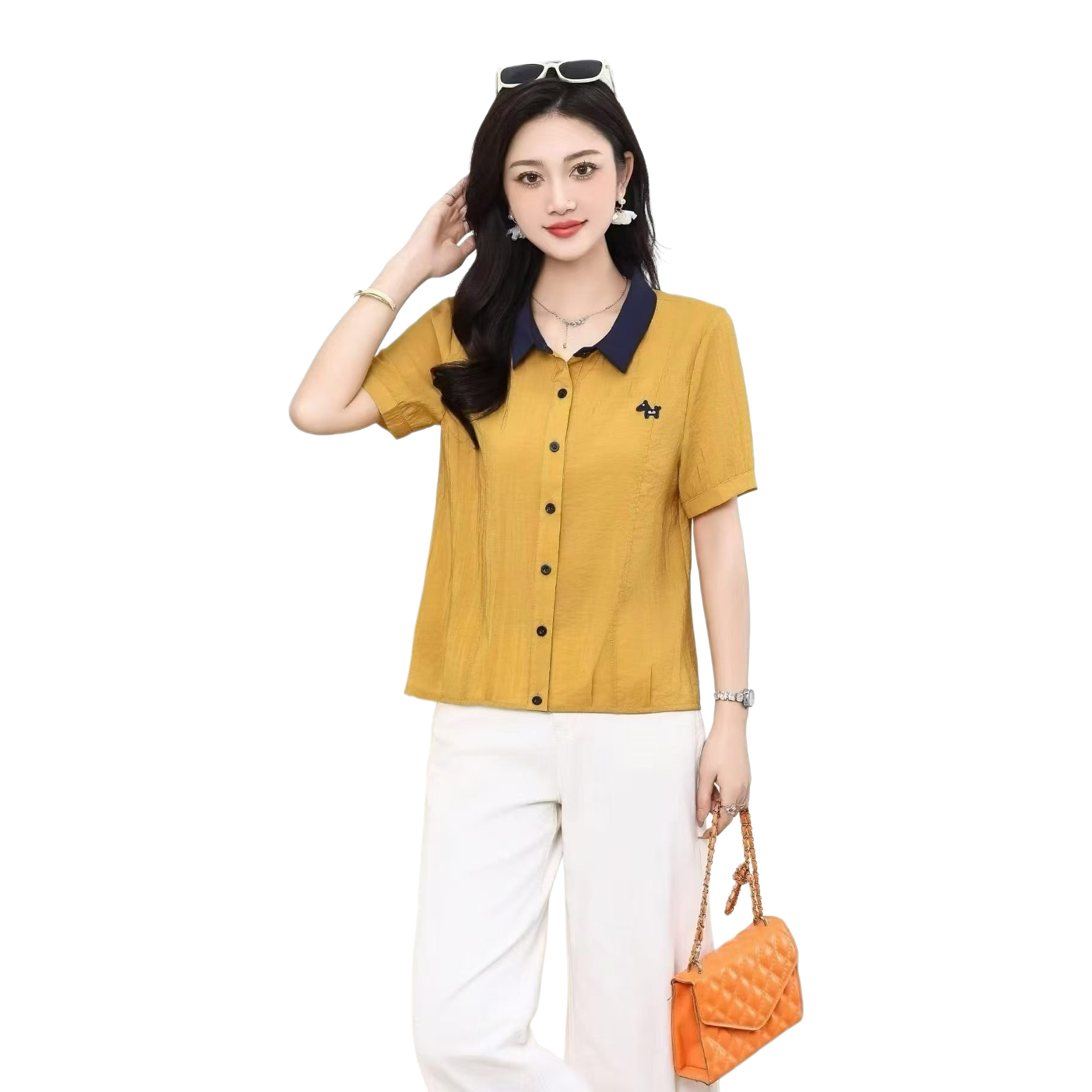 Yellow lapel short-sleeved shirt for women's summer slimming and figure-hugging top Item Picture