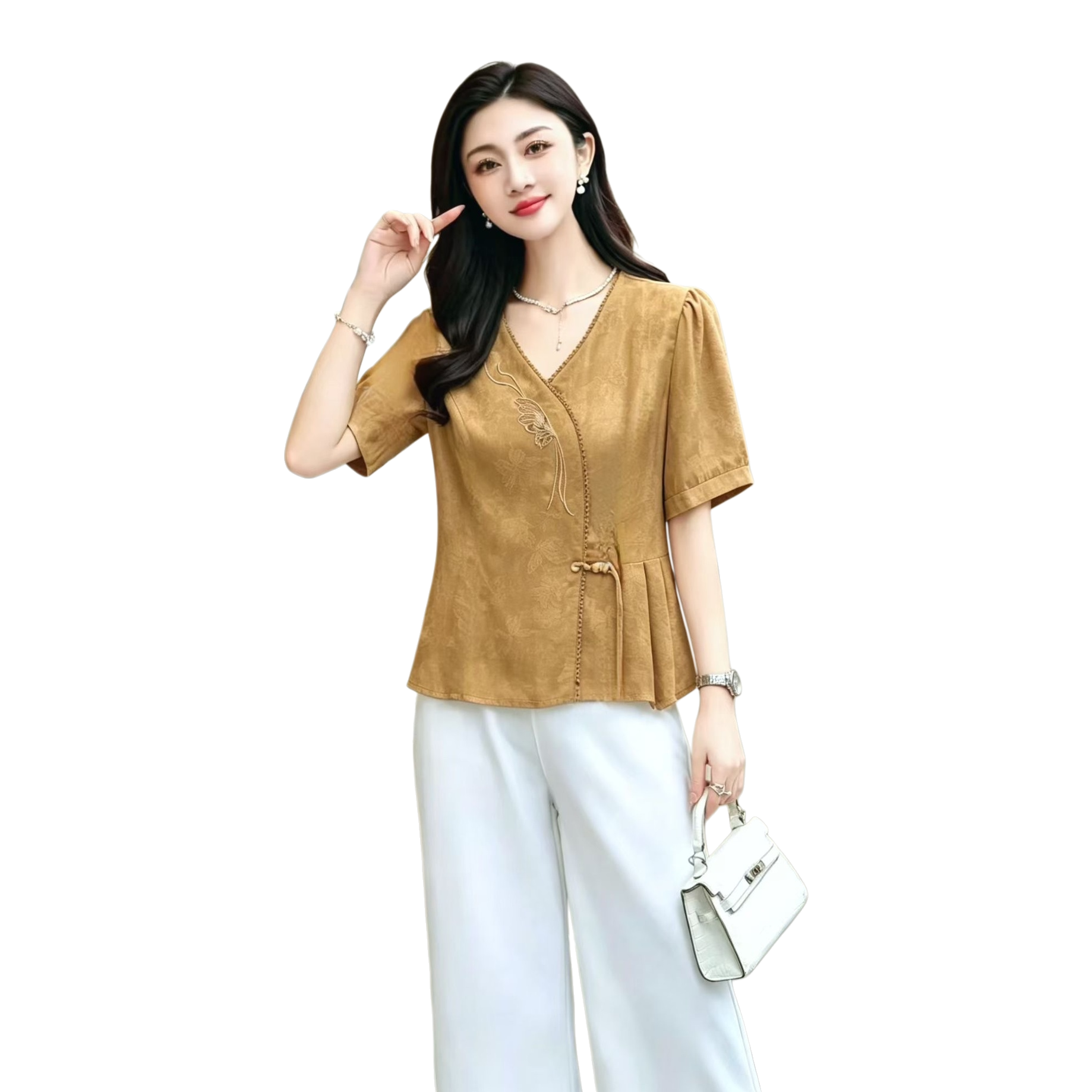 A new summer style of elegant brownish-yellow embroidered V-neck short-sleeved top Item Picture