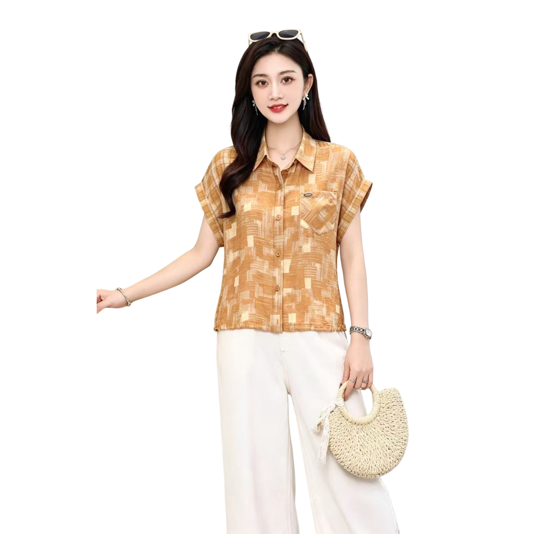 Orange short-sleeved shirt, a fashionable and casual top for women Item Picture
