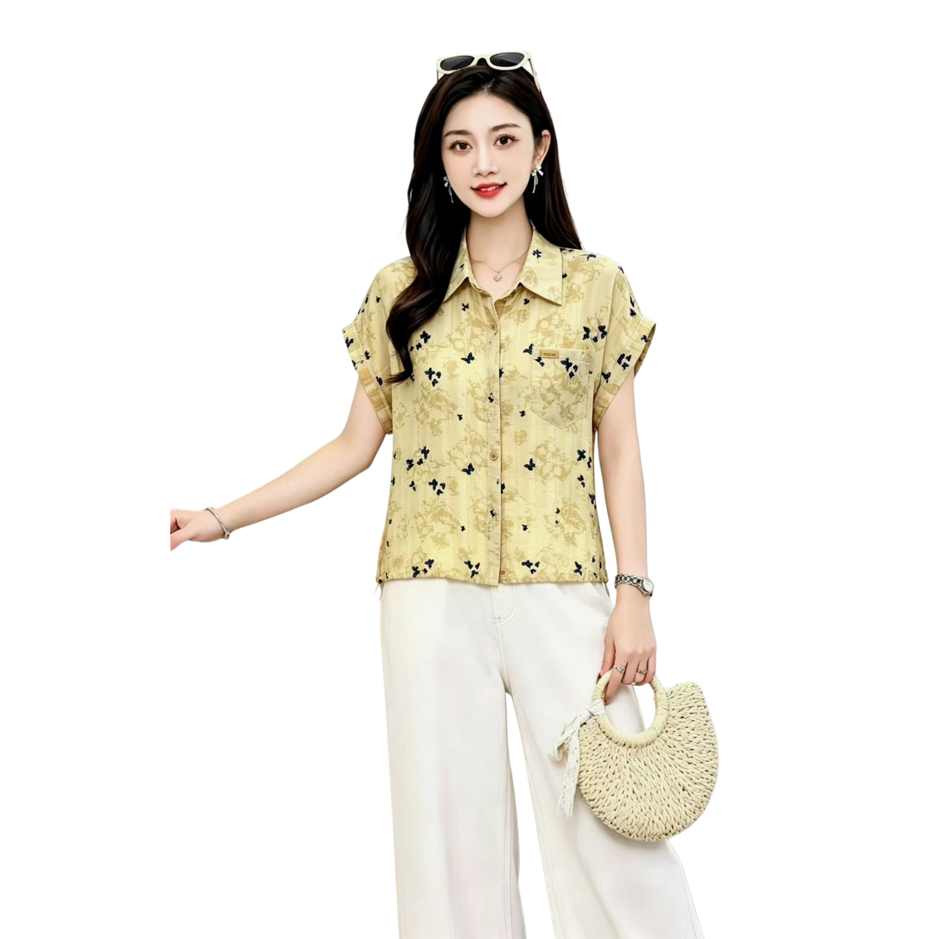 Yellow short-sleeved shirt for women, breathable and casual floral top Item Picture