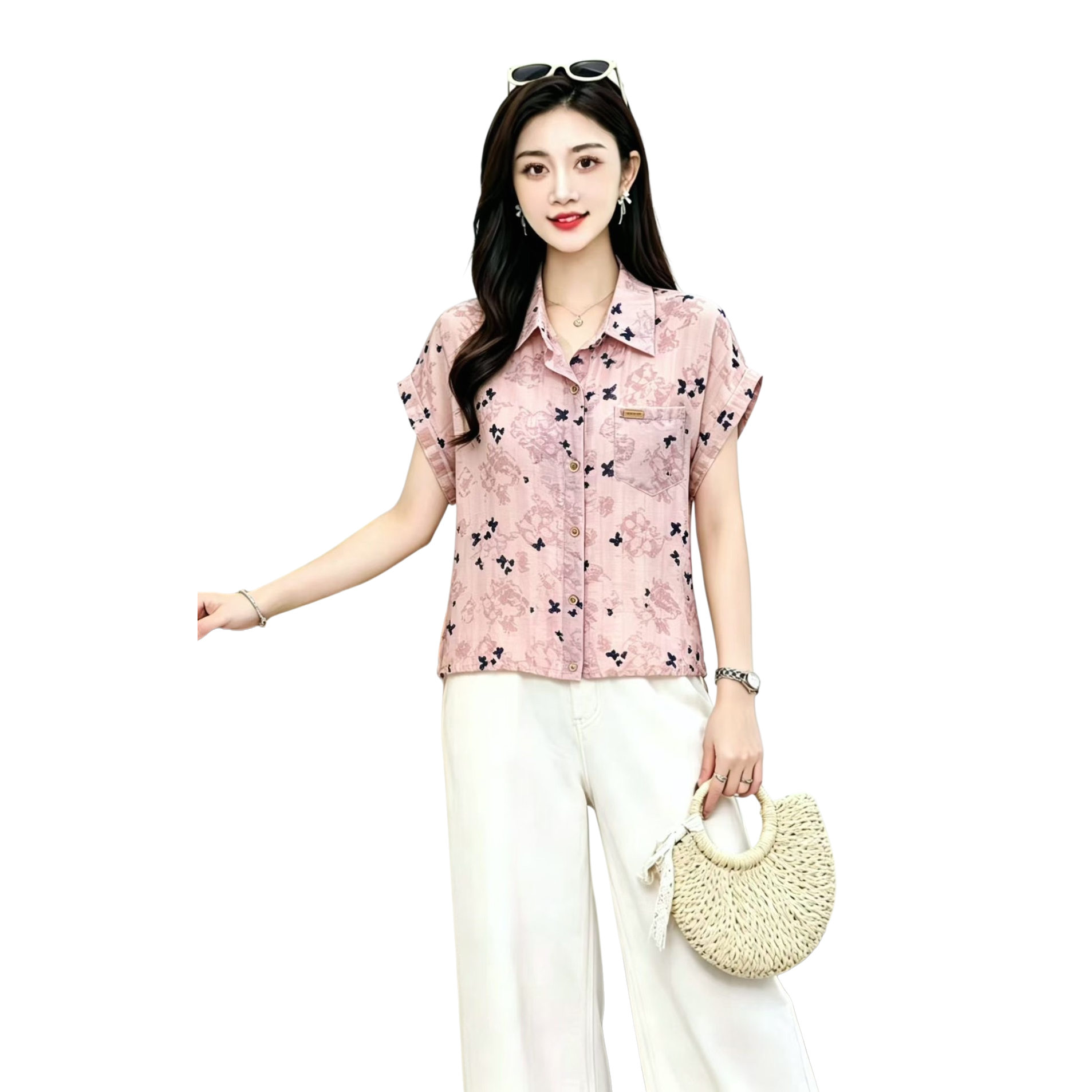 A pink floral short-sleeved shirt for women in a fresh and artistic summer style Item Picture