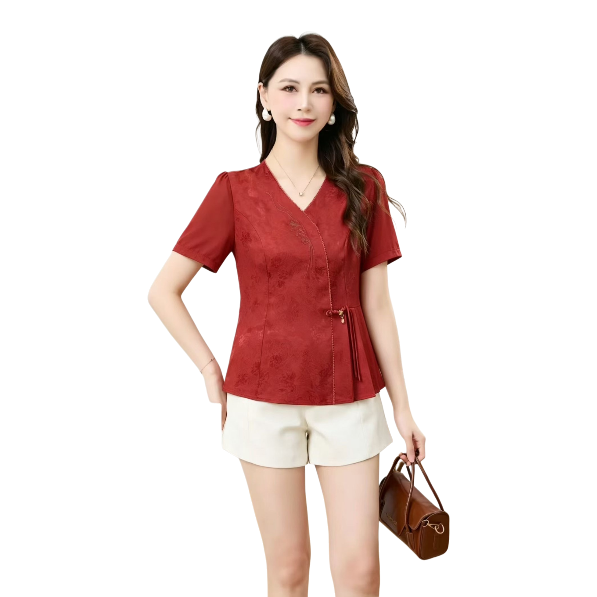 Elegant and quiet red Chinese-style top for women, slimming and fashionable Chinese-style top for women Item Picture