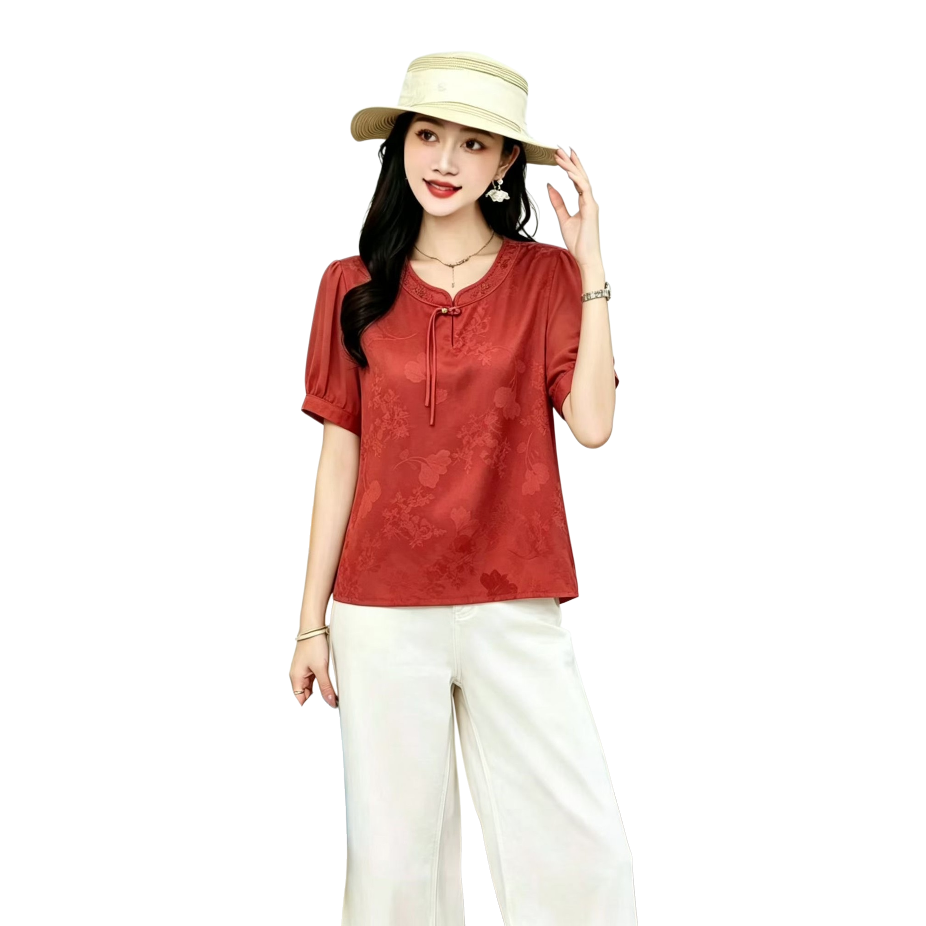 Red short-sleeved top for women's fashionable casual wear Item Picture