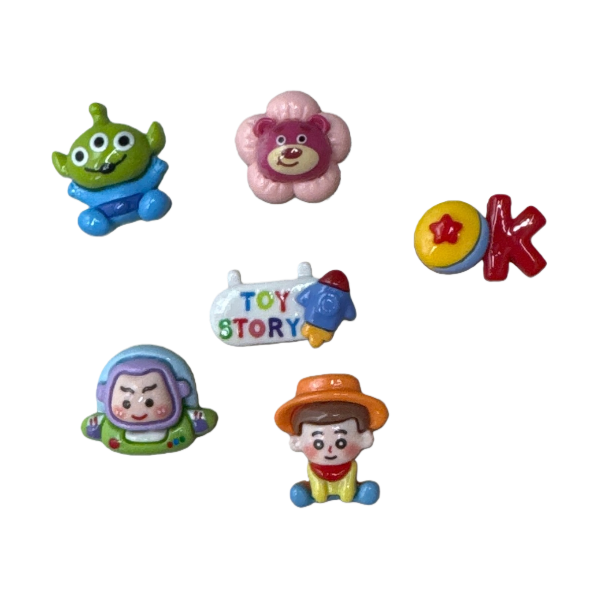 TOY STORY Theme Color Tile Set: Green Alien, Pink Flower bear, Red Letter K, Yellow Star Disc, White logo, Little Rocket, green purple Buzz Lightyear, Orange Hat, Woody details Picture