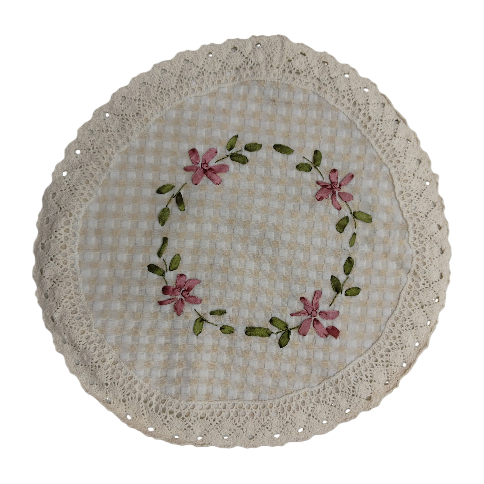 The beige hand-embroidered tablecloth with checkered fabric is embroidered with pink flowers and green branches and leaves Item Picture