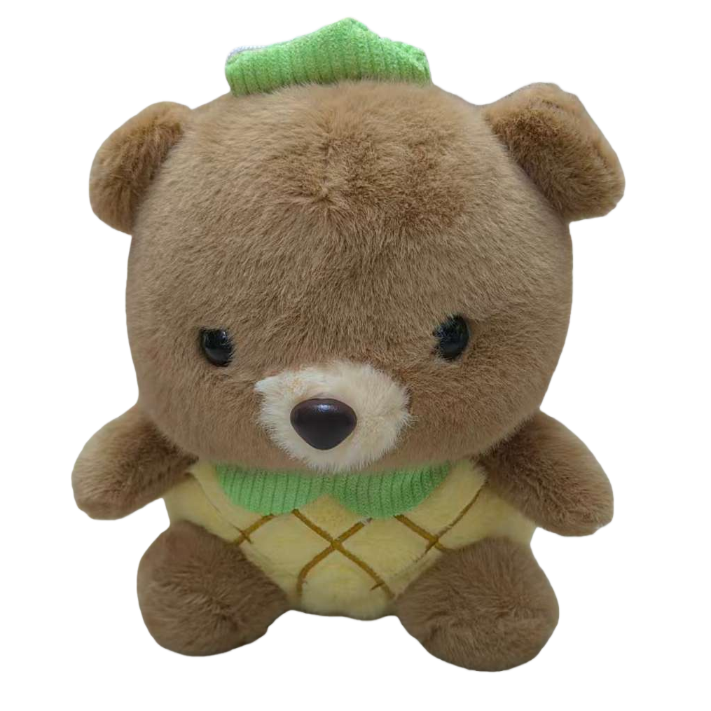 The brown plush bear is wearing a green knitted cap, a yellow checked vest and a green collar Item Picture