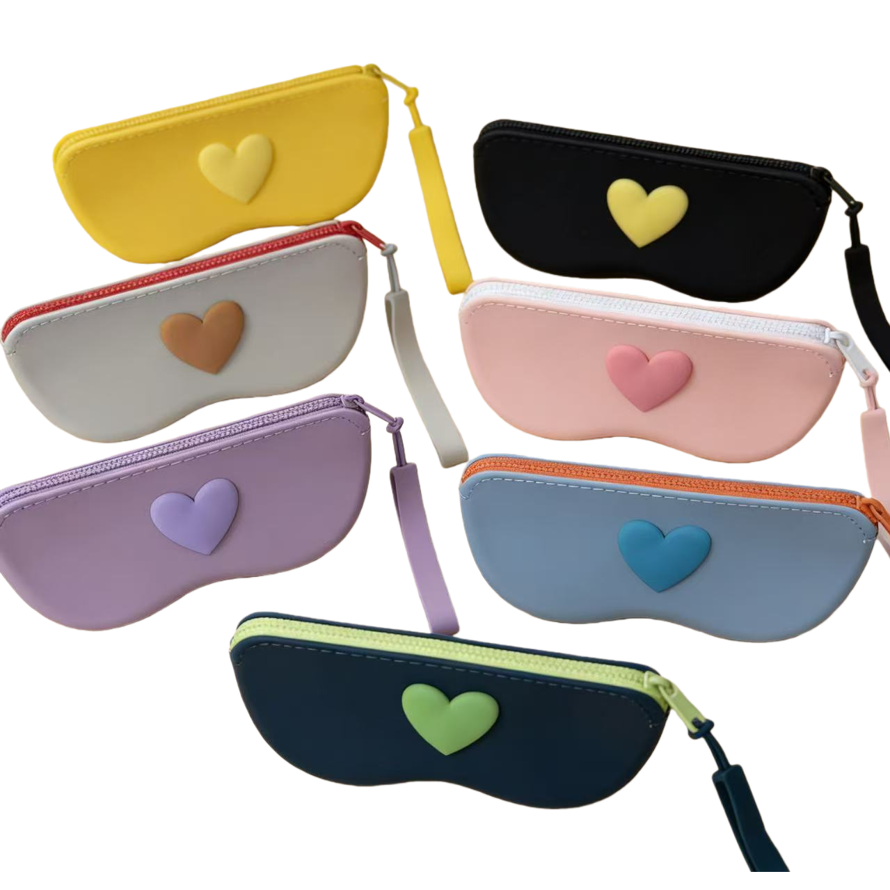 Three-dimensional heart-shaped silicone coin wallet, glasses bag, macaron solid color zipper portable storage bag, student pencil and stationery bag, headphones, lipstick, small bag with multiple colors in stock for wholesale Item Picture