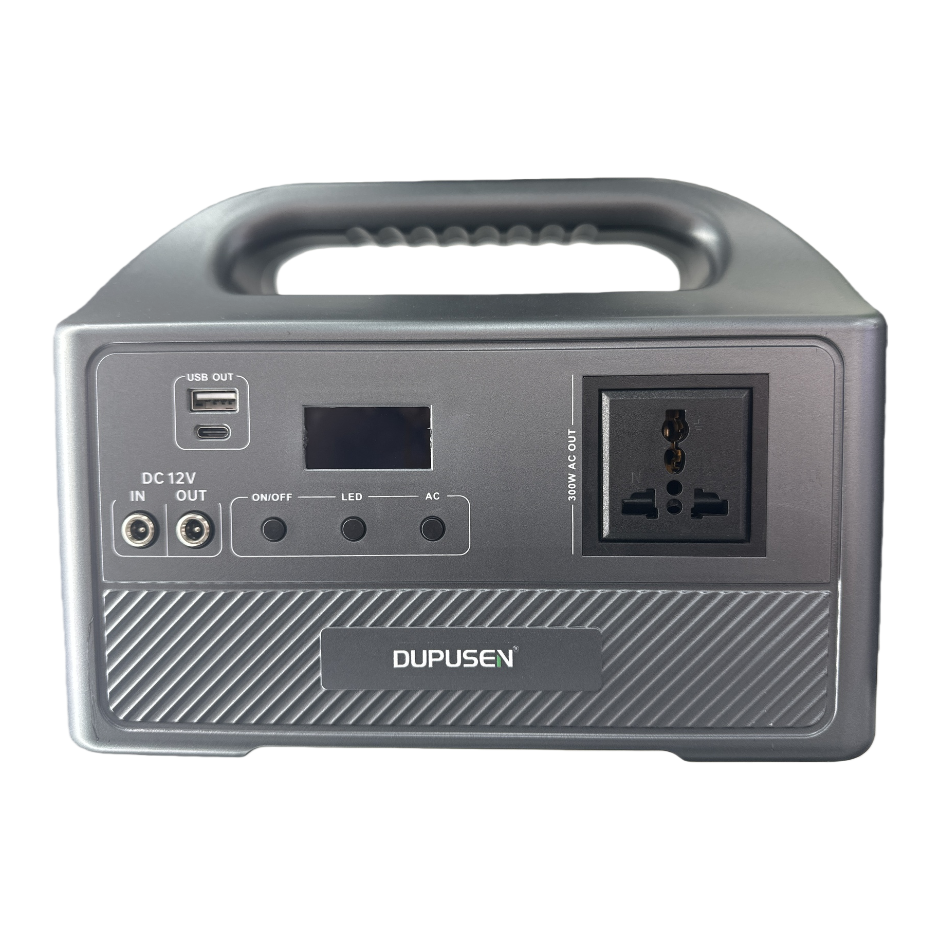 A grey portable power bank with a handle and multiple interfaces for mobile use Item Picture