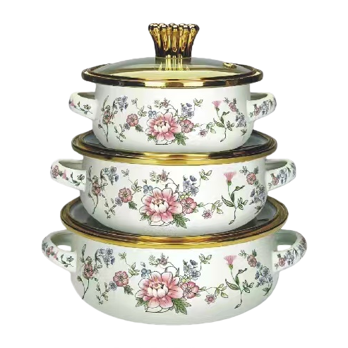 A three-piece pot set with white floral patterns and a glass lid with golden edges Item Picture