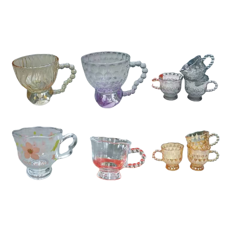Colored glass cups, transparent glass kettles, cups with beaded handles Item Picture