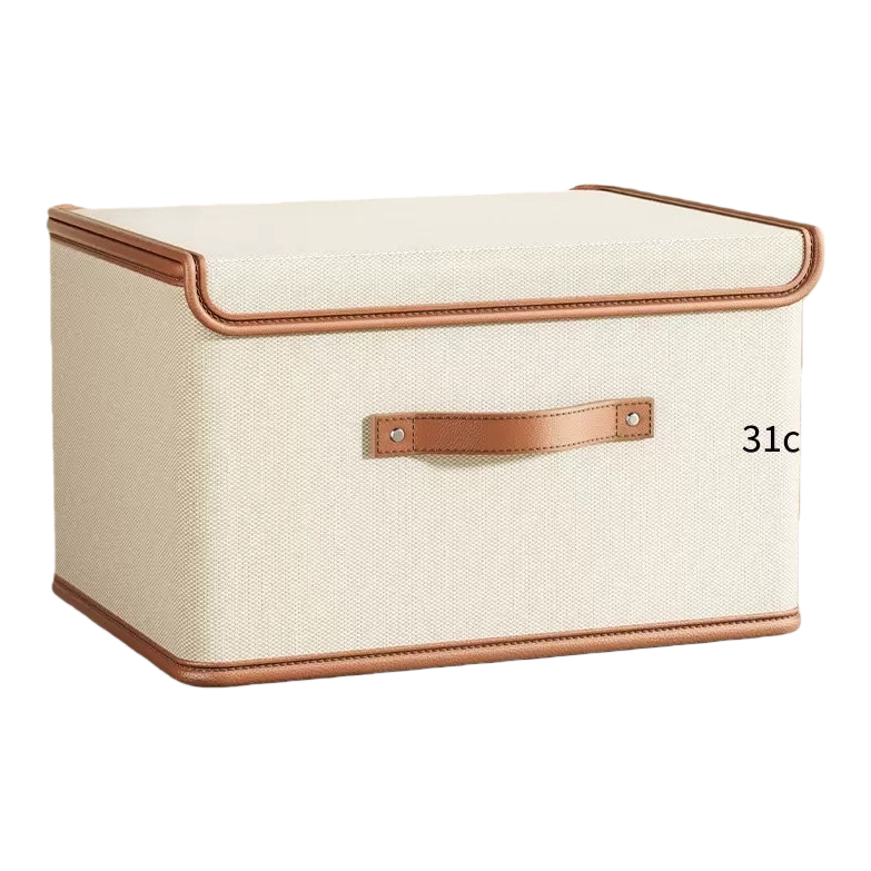 The off-white Oxford cloth storage box with a brown leather-edged handle Item Picture