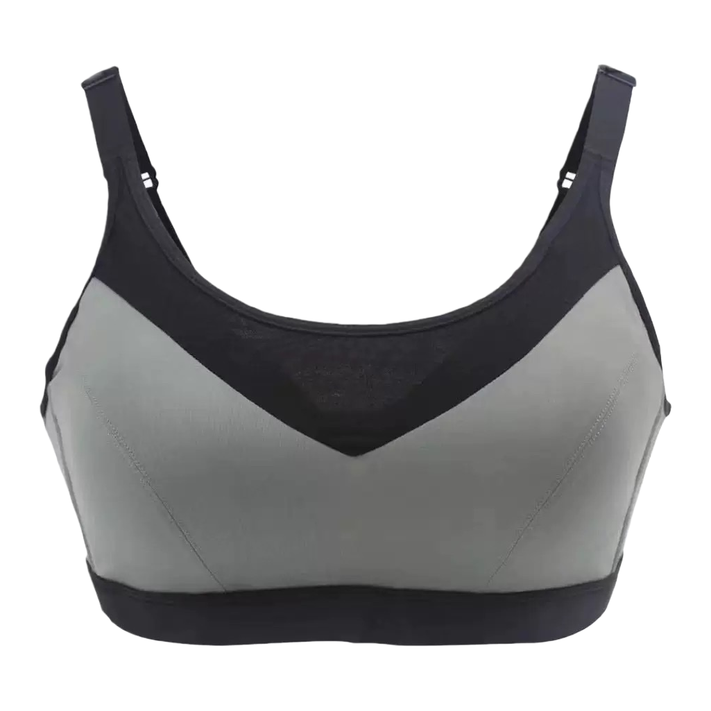 Grey and black sports bra with high support and no steel rings, specially designed for fitness, yoga and running Item Picture