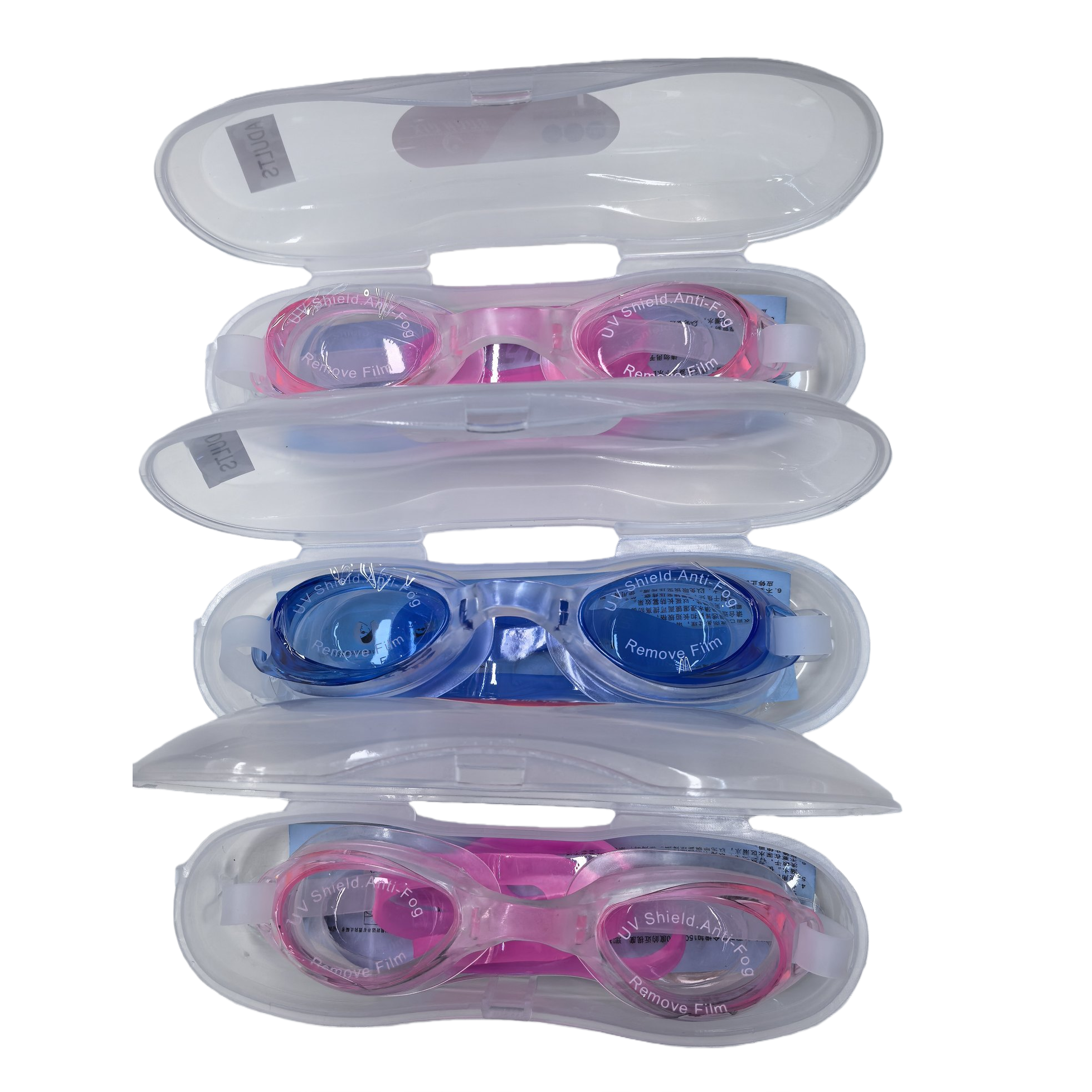 Pink and blue transparent swimming goggles are available in three colors and can be optionally equipped with a swimming goggles case full image