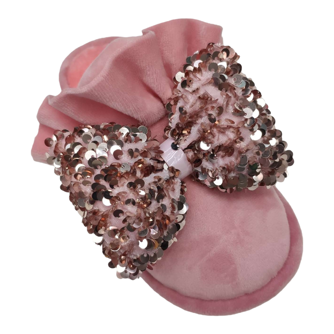 Pink suede slippers with rose gold sequined bow, women's home soft sole anti-slip Item Picture