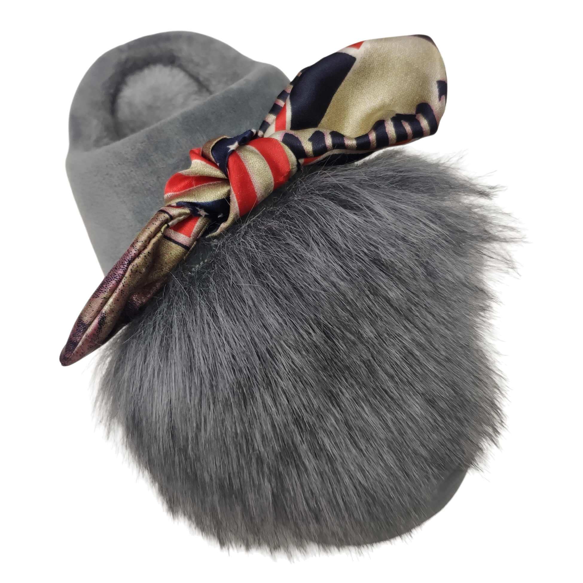 Grey plush slippers decorated with colorful silk scarves and bow balls Item Picture