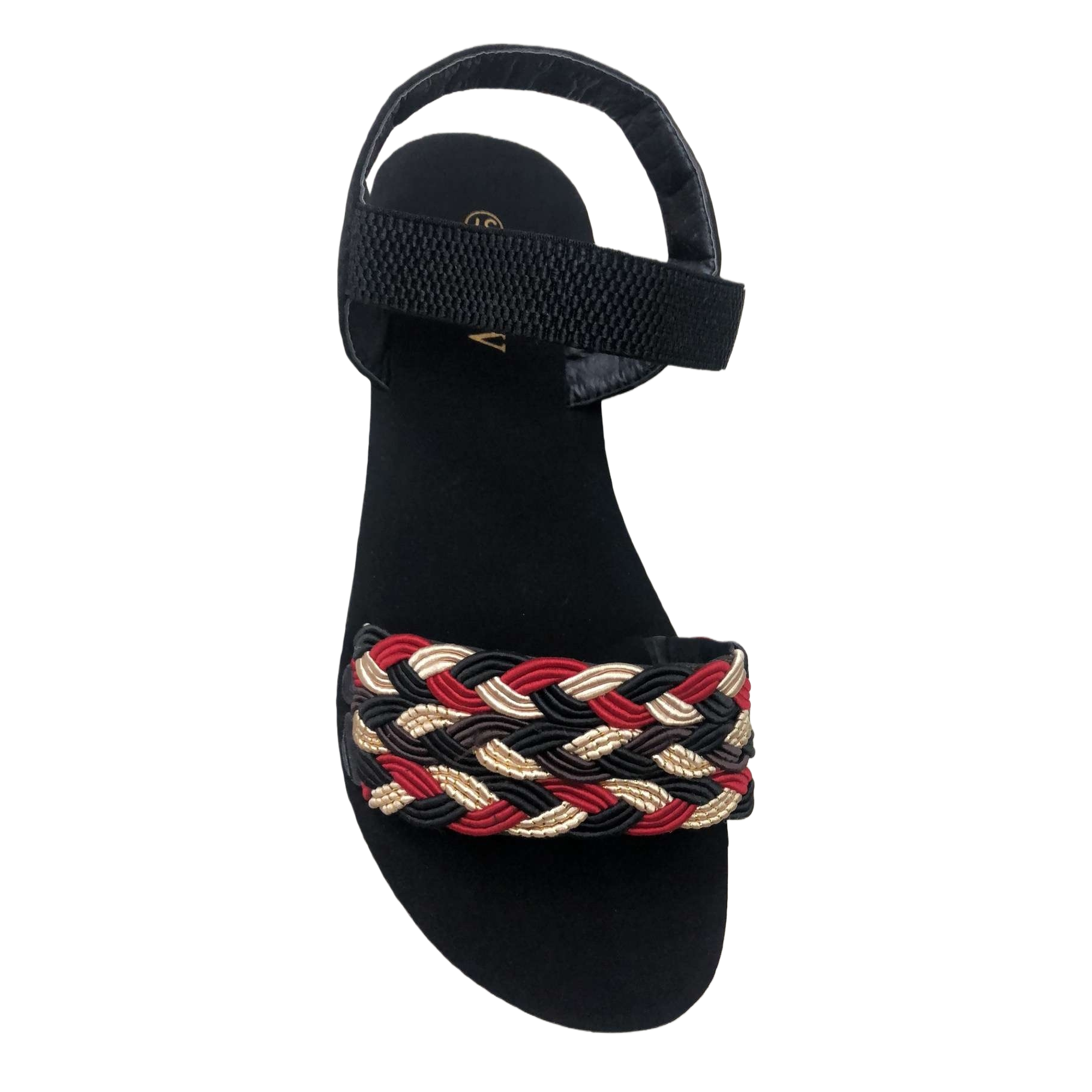 Black sandals decorated with red, black and gold woven straps are fashionable and versatile summer women's shoes Item Picture