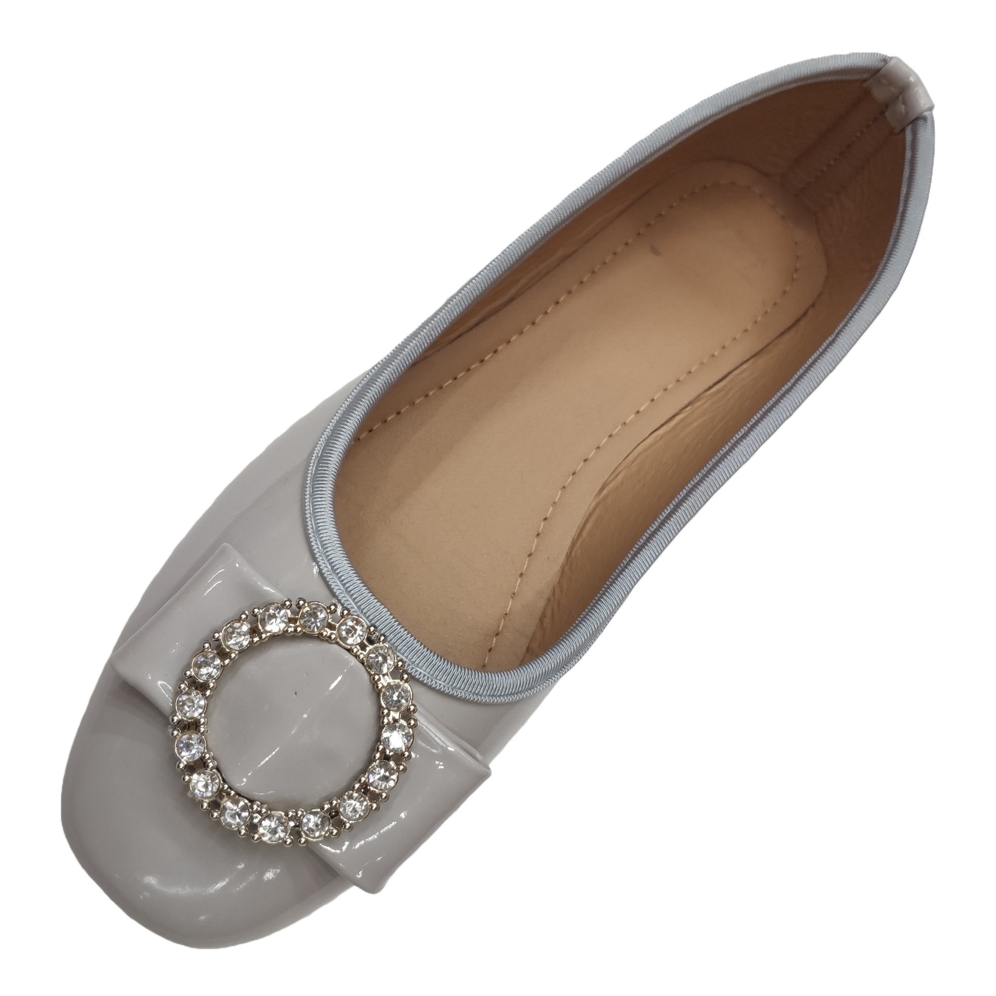 Grey shiny flat shoes with diamond-encrusted circular decorations on the upper for women's single shoes Item Picture