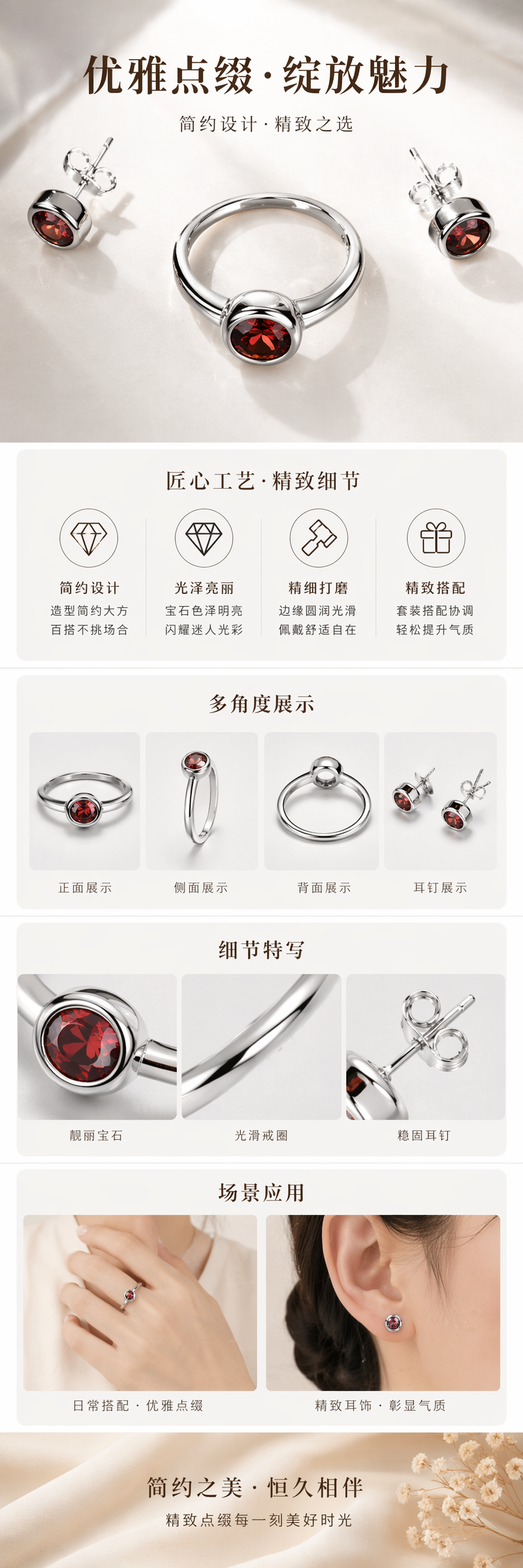 全银戒指耳钉套装 红色宝石点缀时尚轻奢配饰 pic 1