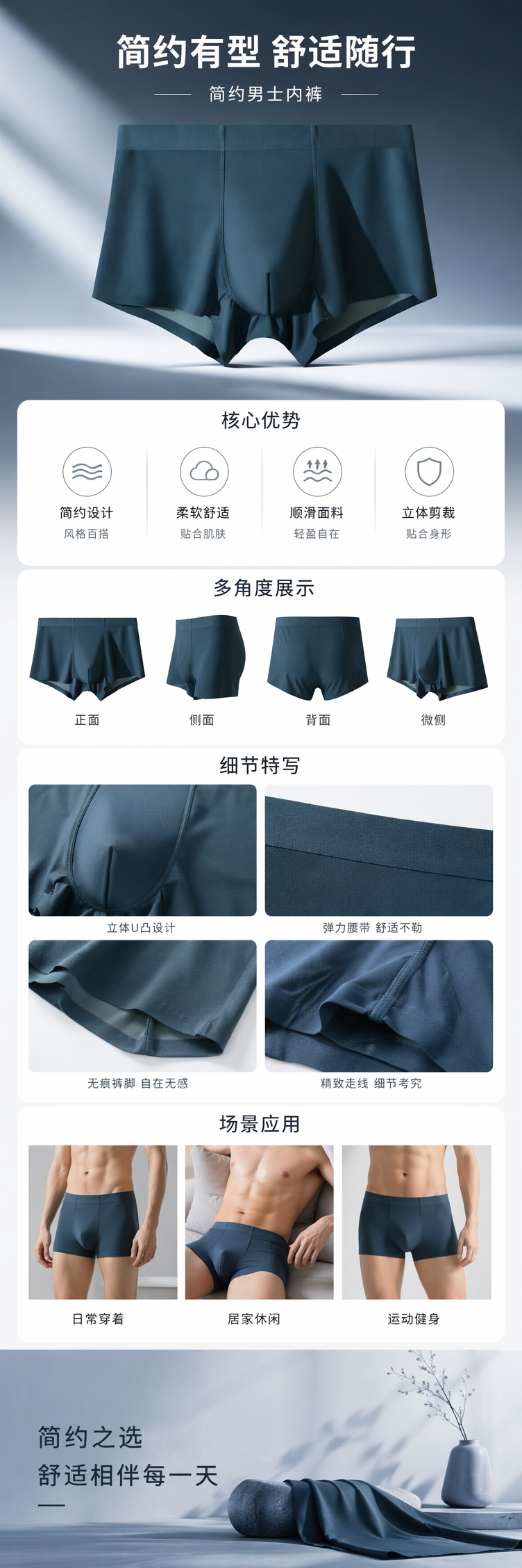 深蓝色纯棉男士内裤舒适透气四角平角款 pic 1