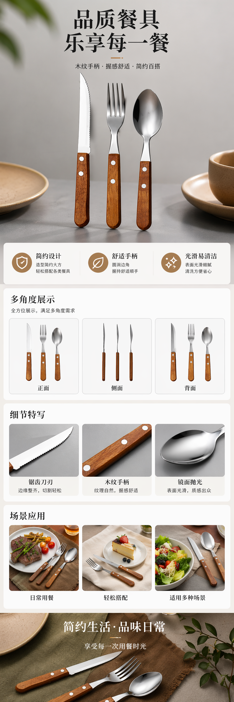 木质手柄刀叉勺组合套装 家用简约餐具礼盒装 pic 1