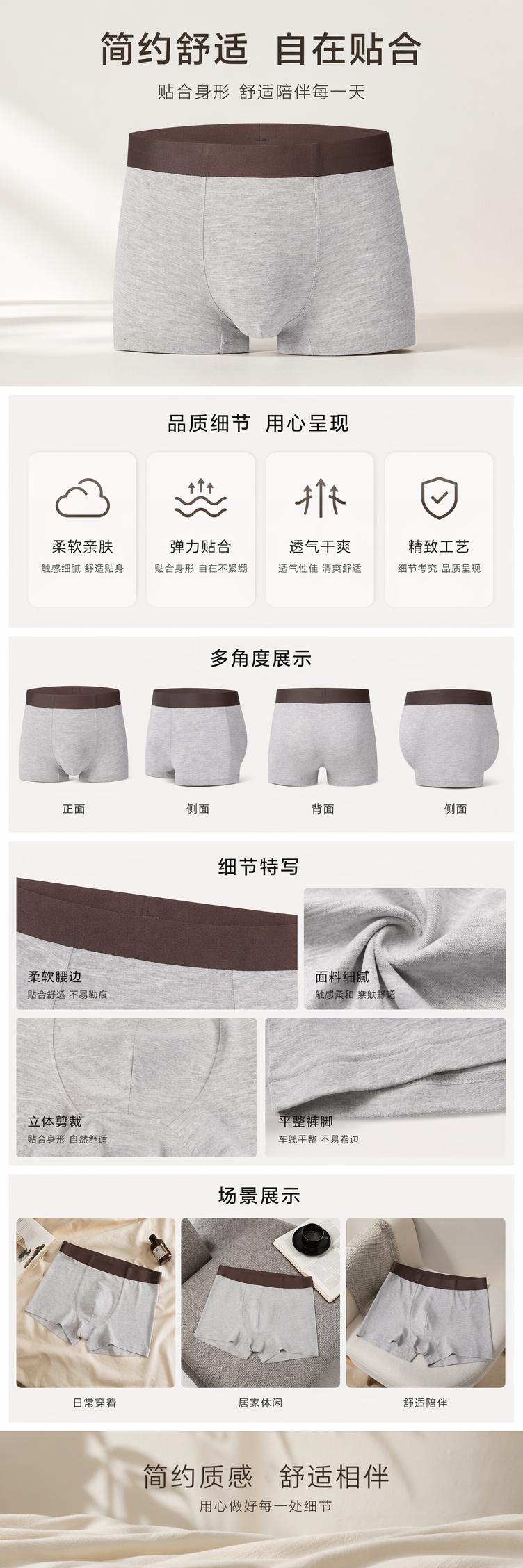 灰色纯棉男士内裤平角舒适透气简约基础款 pic 1