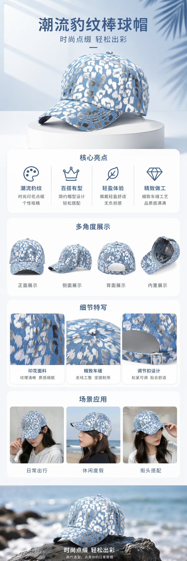 蓝色豹纹棒球帽 时尚休闲百搭遮阳帽详情1