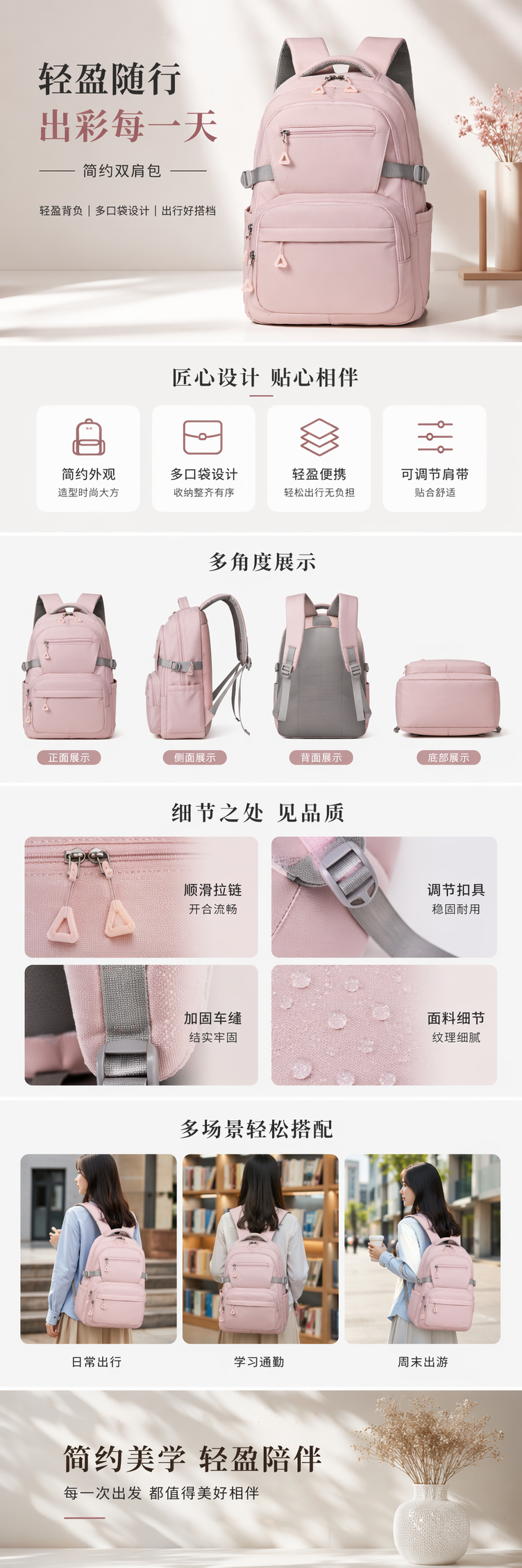 粉色双肩包时尚轻便大容量学生通勤休闲背包详情1