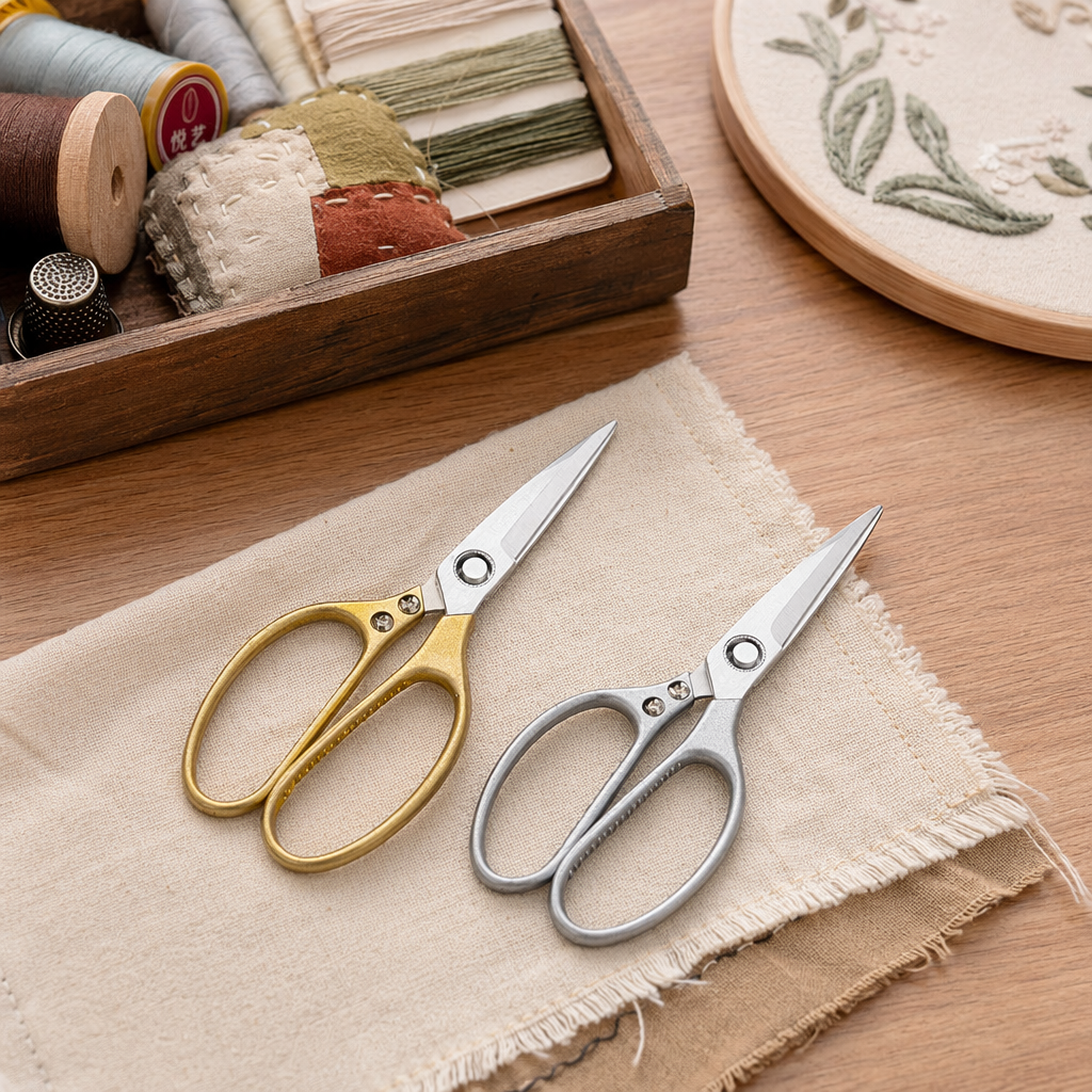 Silver and gold scissors, wooden cutting board set, kitchen cutting tools, solid wood base details Picture