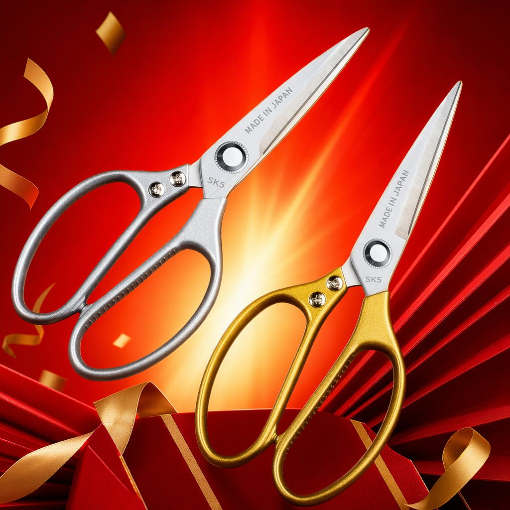 Silver and gold scissors, wooden cutting board set, kitchen cutting tools, solid wood base Specification image