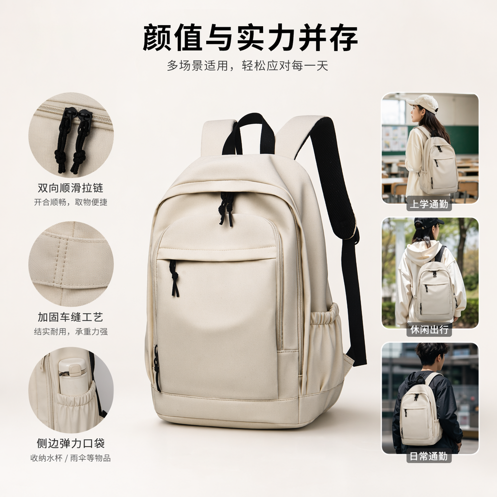 Beige cowhide texture backpack, a light luxury business and casual student backpack for commuting