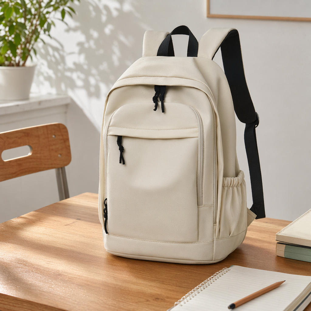 Beige cowhide texture backpack, a light luxury business and casual student backpack for commuting details Picture