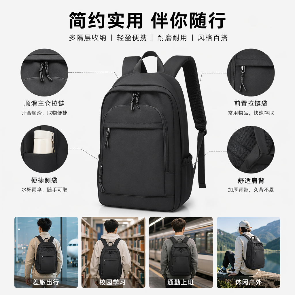 Black nylon water-resistant commuting backpack, lightweight and large-capacity, suitable for business trips full image