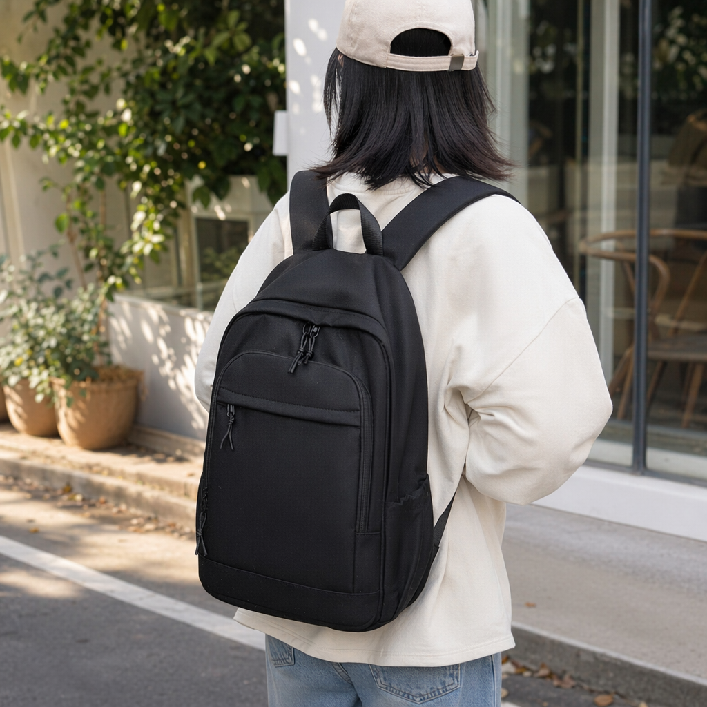 Black nylon water-resistant commuting backpack, lightweight and large-capacity, suitable for business trips details Picture