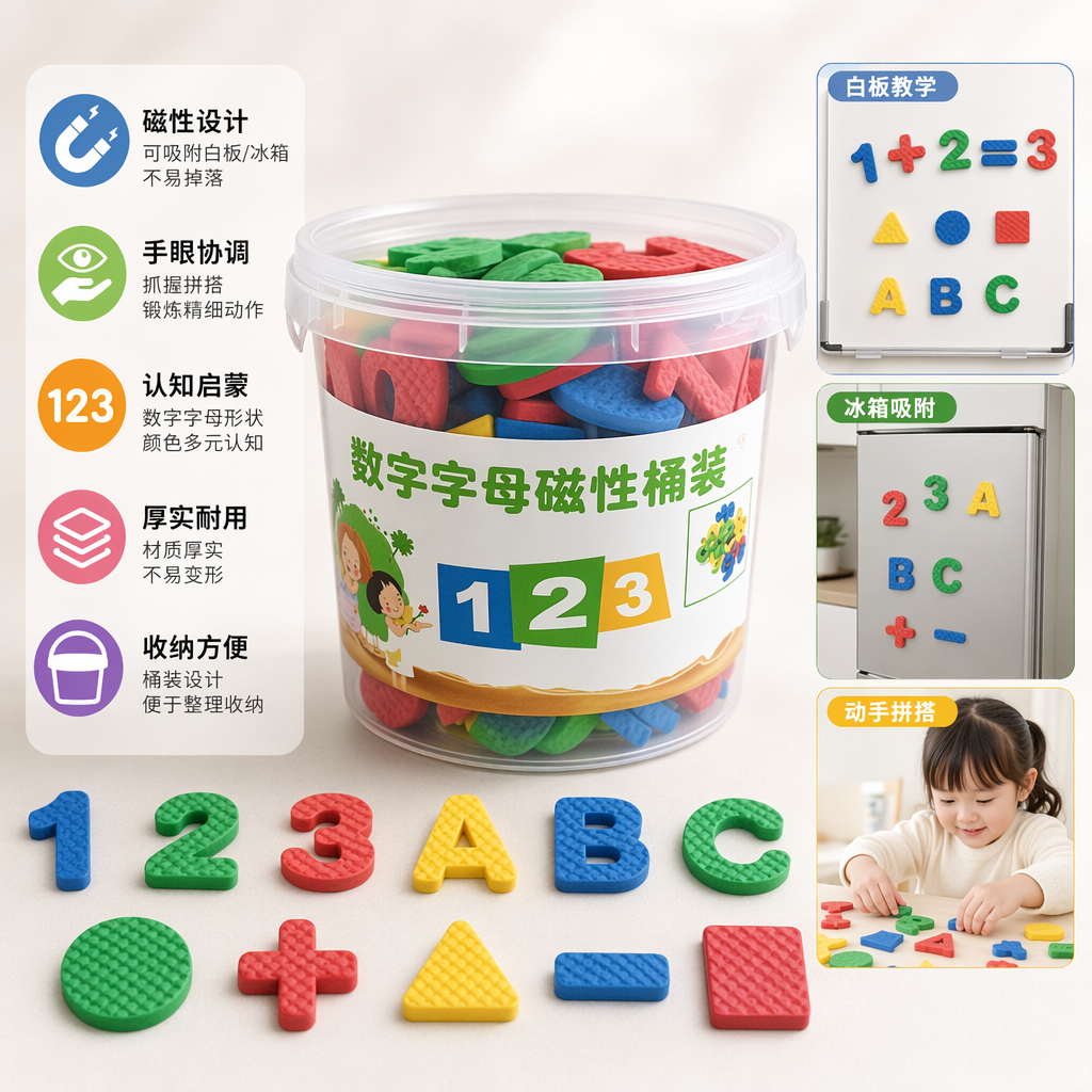 透明塑料桶装彩色磁力字母数字教具 儿童早教益智玩具