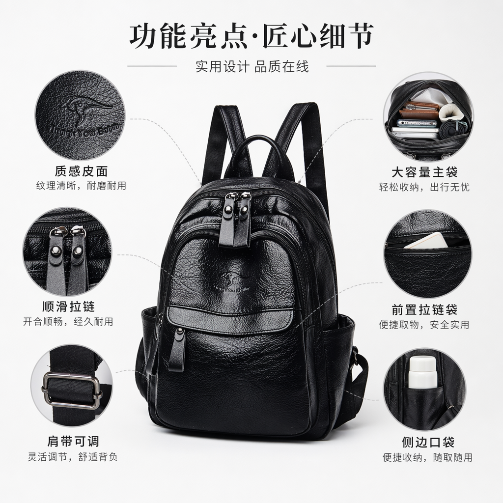 黑色皮质双肩包简约百搭学生通勤轻便大容量男女同款图