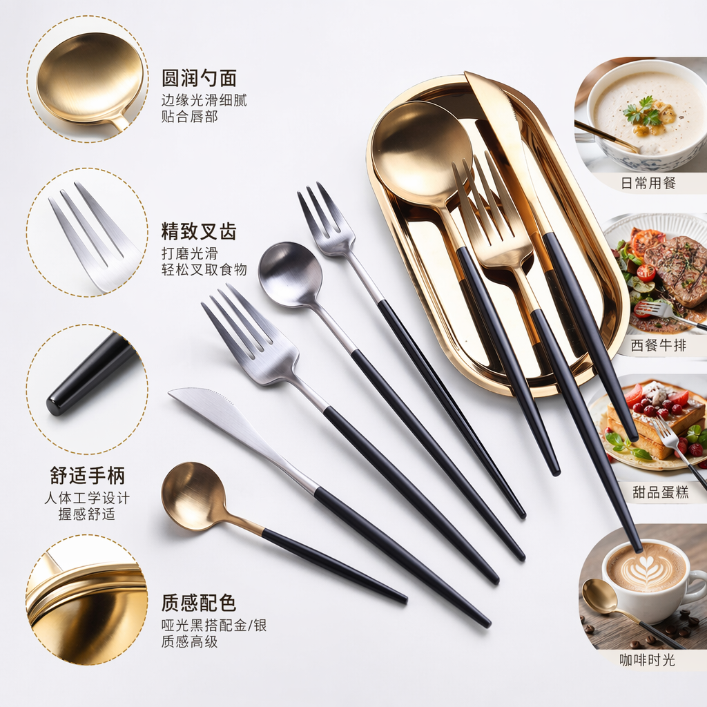 A simple and modern home stainless steel tableware set with gold and black stripes, featuring plates, bowls and chopsticks