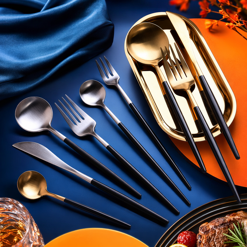 A simple and modern home stainless steel tableware set with gold and black stripes, featuring plates, bowls and chopsticks Specification image
