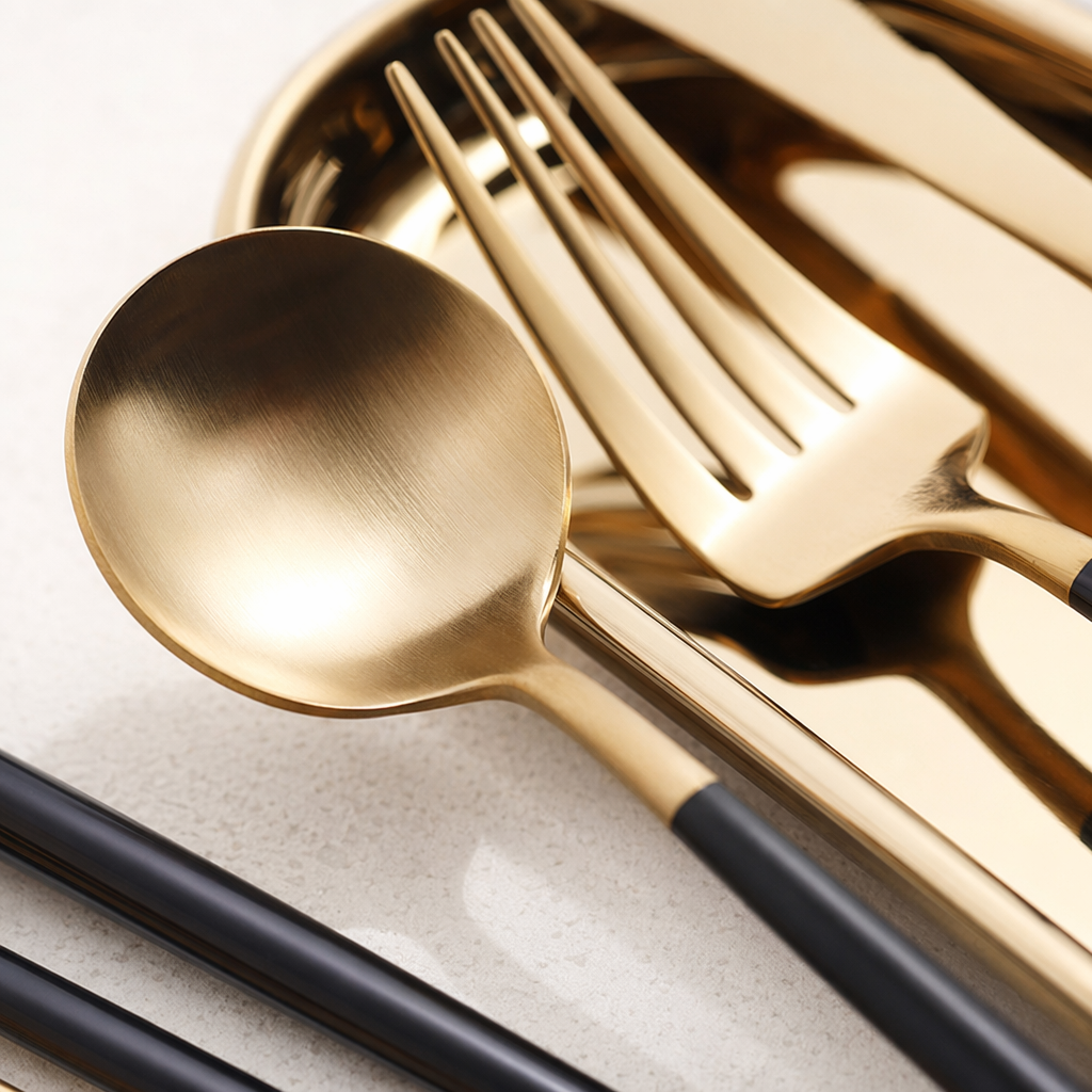 A simple and modern home stainless steel tableware set with gold and black stripes, featuring plates, bowls and chopsticks Application Scenario